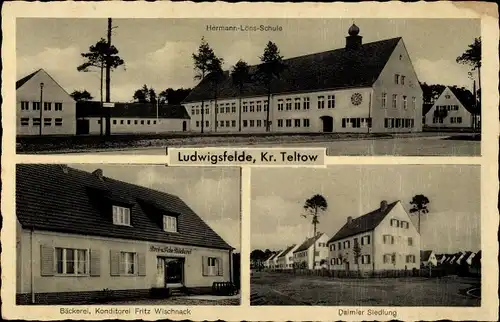 Ak Ludwigsfelde in Brandenburg, Hermann Löns Schule, Daimlersiedlung, Bäckerei Konditorei