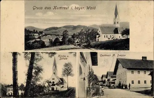 Ak Kumreut Röhrnbach in Niederbayern, Kirche, Schule, Gasthaus M. Drexler