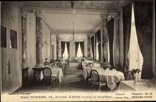 Ak Paris II. Arrondissement Bourse, Hotel Powers, 69 Avenue d'Antin, Salle a manger