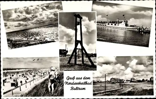 Ak Insel Baltrum Niedersachsen, MS Baltrum I., Abendstimmung, Badestrand, Inselglocke