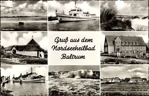 Ak Nordseebad Baltrum, MS Baltrum III, Ostdorf, Kurmittelhaus, Wellen