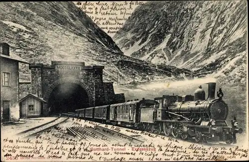 Ak Goeschenen Kanton Uri, Blick auf St. Gotthard Tunnel und Dampflokomotive