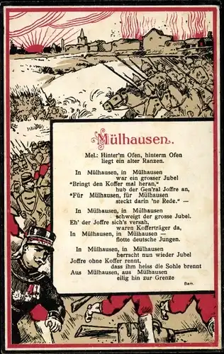 Künstler Ak Mulhouse Mülhausen Elsass Haut Rhin, deutsche Soldaten, Schlacht, Joseph Joffre, Gedicht