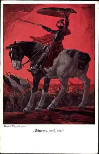 Künstler Ak Wiegand, Martin, Schwarz, weiß, rot, Ritter zu Pferd, Schlacht, Wiechmann 2084