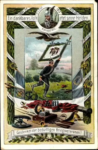 Passepartout Ak Gedenket der bedürftigen Kriegsveteranen, Soldat mit Fahne, Königgrätz, Wörth