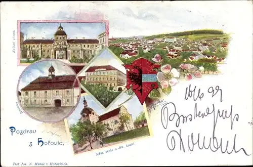 Wappen Ak Horovice Horowitz Mittelböhmen, Schloss, Totalansicht, Kirche