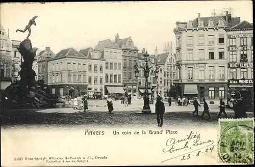 Ak Anvers Antwerpen Flandern, Grand'Place, Statue, Geschäft Alex Winkel
