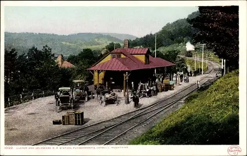 Ak Catskill Mountains New York USA, Ulster und Delaware Railroad Station, Fleischmann's