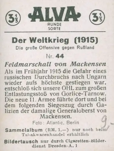 Sammelbild Der Weltkrieg 1915, Nr. 44 Feldmarschall von Mackensen