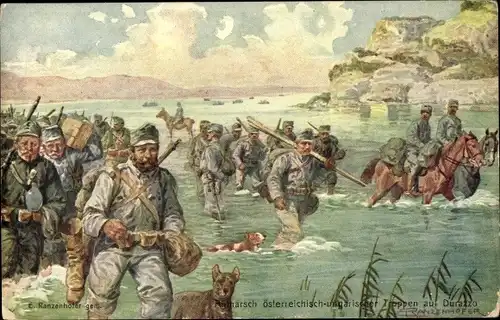 Künstler Ak Ranzenhofer, E., Angriff österreichisch-ungarischer Truppen auf Durazzo, Kuk-Armee