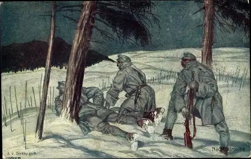 Künstler Ak Diveky, J. v., Kuk-Armee, Alpenkrieg, Nachtpatrouille im Schnee, I. WK
