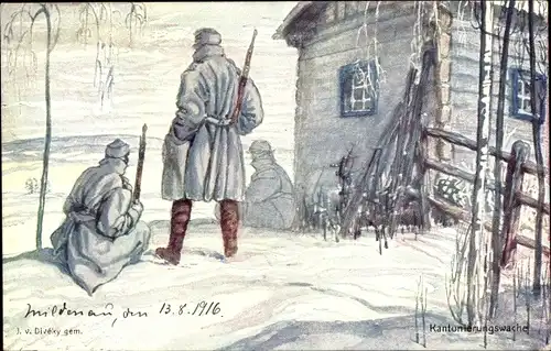 Künstler Ak Diveky, J. v., Kuk Soldaten stehen Wache im Winter