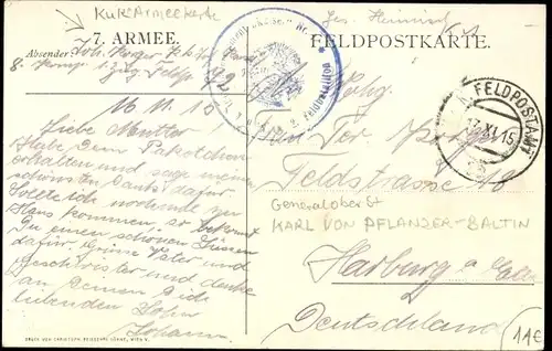 Künstler Ak General Karl Pflanzer-Baltin, Kuk-Armee, 7. Armee, I. WK