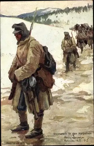 Künstler Ak Larwin, Hans, Kuk, Vormarsch in den Karpathen, I. WK