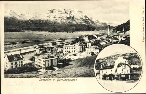 Ak Samaden Samedan Kanton Graubünden, Panorama, Berninagruppe, Bahnhof