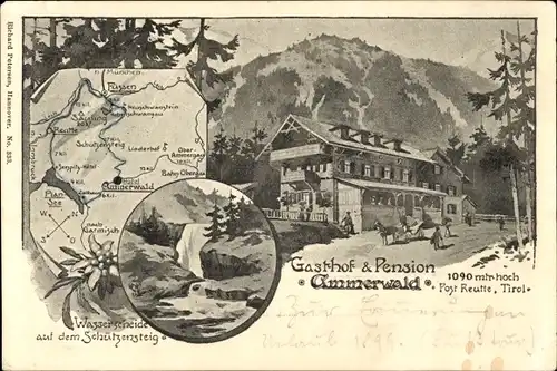 Landkarten Ak Ammerwald Reutte in Tirol, Gasthof und Pension Ammerwald, Wasserscheide