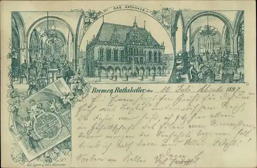 Litho Hansestadt Bremen, Ratskeller, Innenansicht, Rathaus, Austernhandlung