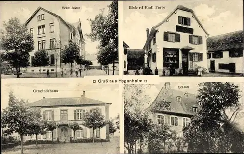 Ak Hégenheim Hegenheim Elsass Haut Rhin, Bäckerei, Gemeindehaus, Schule, Schloss