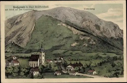Künstler Ak Steinetser, Willy, Großgmain in Salzburg, Blick auf den Untersberg, Gasthof Kaiser Karl