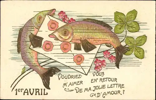 Präge Ak 1. April, Fische mit Brief, Kleeblätter