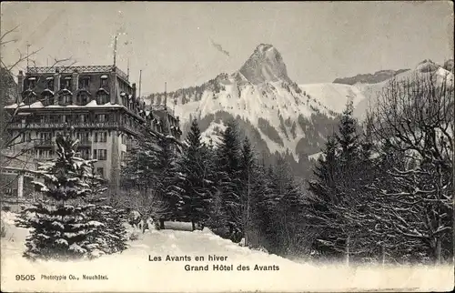 Ak Les Avants Montreux Kanton Waadt, Grand Hôtel des Avants im Winter