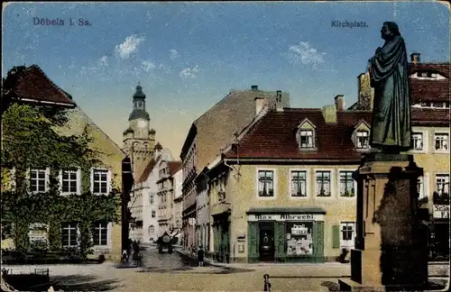 Ak Döbeln in Sachsen, Kirchplatz, Lutherdenkmal, St. Nikolai Kirche, Geschäft Max Albrecht