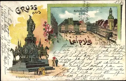 Litho Leipzig in Sachsen, Marktplatz, Siegesdenkmal