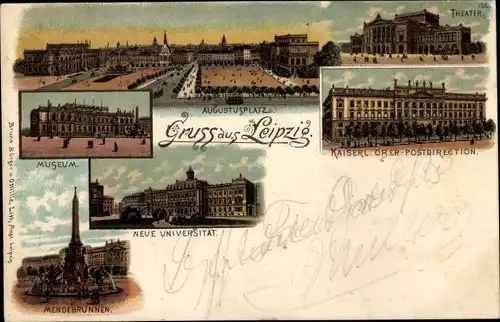 Litho Leipzig in Sachsen, Theater, Augustusplatz, Universität, Bruno Bürger 155