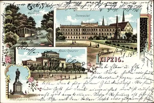 Litho Leipzig in Sachsen, Universität, Theater, Denkmal Friedrich August d. Gerechten, Wassergott