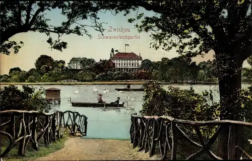 Ak Zwickau in Sachsen, Ruderboot auf dem Schwanenteich