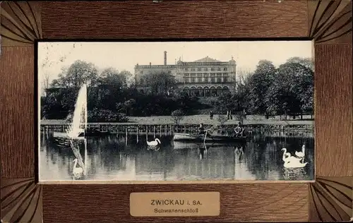 Ak Zwickau in Sachsen, Schwanenschloss, Springbrunnen, Schwäne