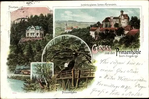 Ak Hartenstein im Erzgebirge Sachsen, Prinzenhöhle, Schönburg'sches Schloss, Forsthaus