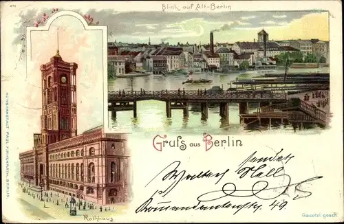 Litho Berlin Mitte, Rathaus, Altstadt von der Spree