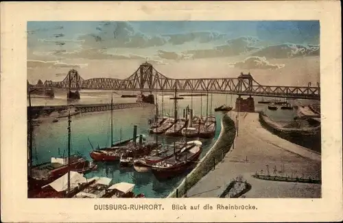 Ak Ruhrort Duisburg im Ruhrgebiet, Rheinbrücke, Schiffe