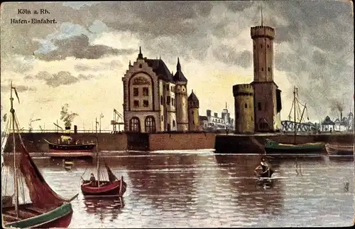 Künstler Ak Köln, Hafen-Einfahrt, Boote, Speicher