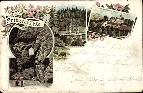 Litho Hartenstein im Erzgebirge Sachsen, Prinzenhöhle, Forsthaus, Schloss Hartenstein