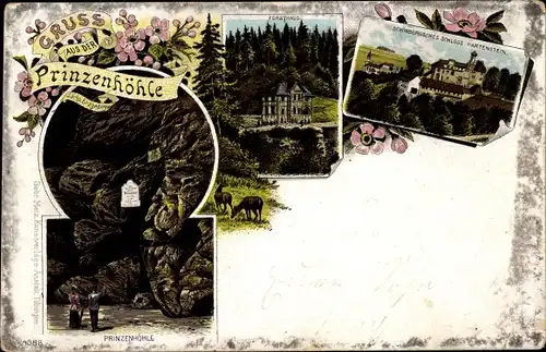 Litho Hartenstein im Erzgebirge Sachsen, Prinzenhöhle, Forsthaus, Schloss Hartenstein