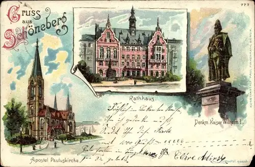 Litho Berlin Schöneberg, Rathaus, Denkmal Kaiser Wilhelm I, Apostel Pauluskirche