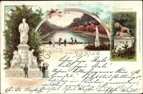 Litho Berlin Tiergarten, Goldfischteich, Löwengruppe, Goethe Denkmal