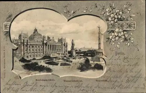 Passepartout Ak Berlin Tiergarten, Siegessäule, Bismarckdenkmal, Reichstagsgebäude