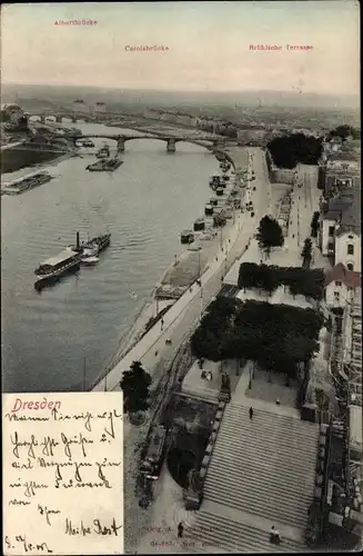 Ak Dresden Altstadt, Albertbrücke, Carolabrücke, Brühlsche Terrasse