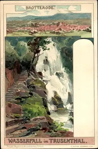 Künstler Ak Stagura, Albert, Brotterode in Thüringen, Trusetal, Wasserfall im Trusenthal