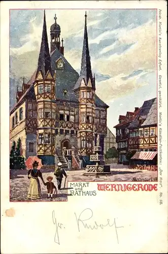 Künstler Ak Bahndorf, Wernigerode am Harz, Markt, Rathaus