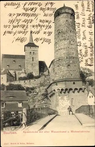 Ak Bautzen in der Oberlausitz, Spreebrücke, alte Wasserkunst, Michaeliskirche