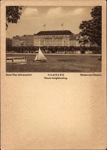 Ak Hamburg, Neuer Jungfernstieg, Hotel Vier Jahreszeiten, Restaurant Haerlin, Boote