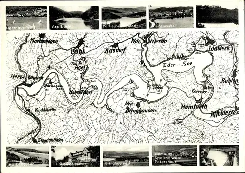 Landkarten Ak Herzhausen Vöhl, Edersee, Bringhausen, Aselbucht, Harbshausen, Basdorf, Hemfurth