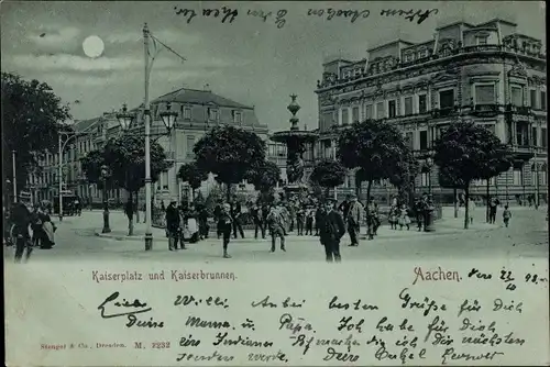 Mondschein Ak Aachen, Kaiserplatz, Kaiserbrunnen