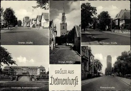 Ak Delmenhorst in Oldenburg, Kirche, Bremer Straße, Krankenanstalten, Bismarckstraße