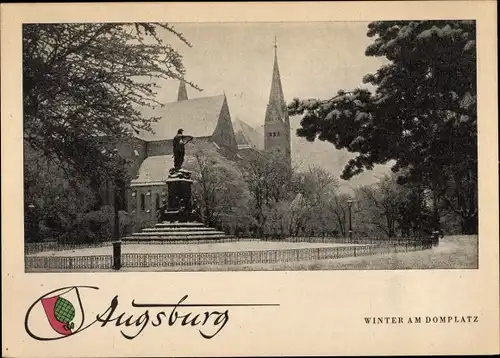 Ak Augsburg in Schwaben, Domplatz, Denkmal, Winteransicht