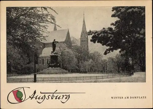 Ak Augsburg in Schwaben, Domplatz, Denkmal, Winteransicht